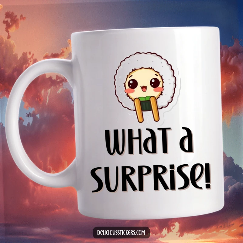 Funny mug featuring a shocked sushi roll character peeking out from a holder with chopsticks.