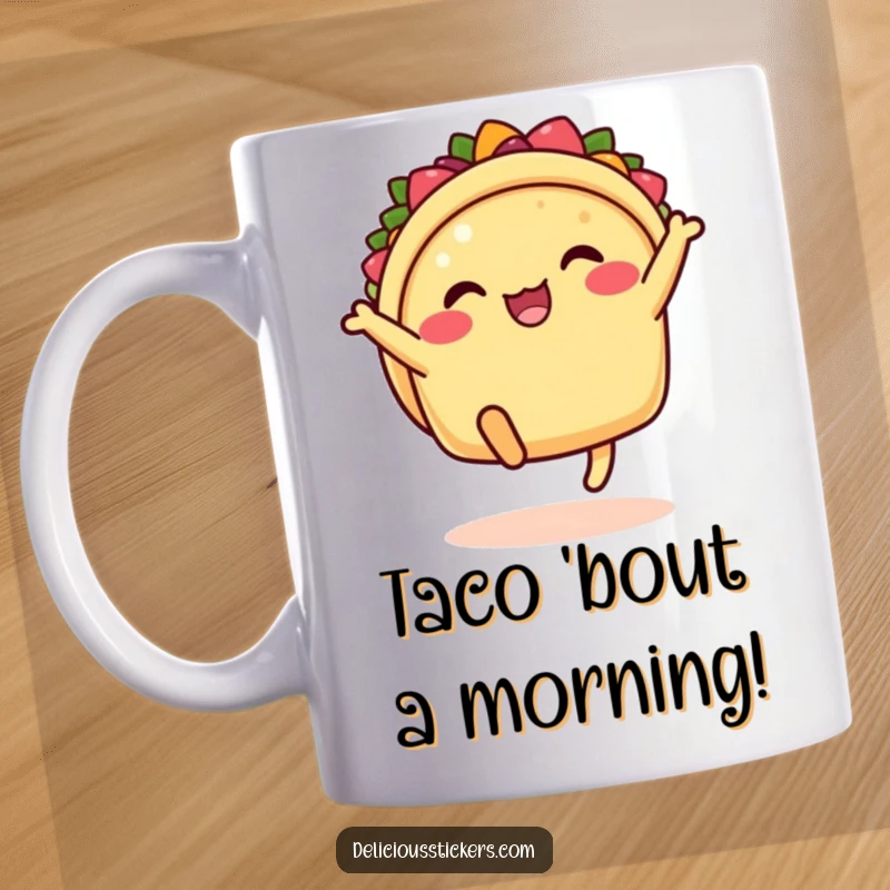 Funny taco mug with legs kicking in the air, a cartoon character celebrating Mexican food, a perfect funny fiesta gift.