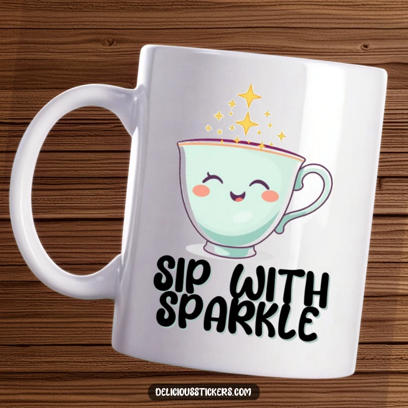 Funny Teacup Mug with a winking teacup character pouring a magical cascade of sparkles, full of charm.