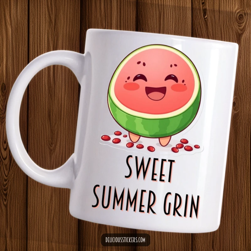 Funny mug featuring a cheerful watermelon slice character with a wide grin and scattered seeds, embodying pure summer joy.