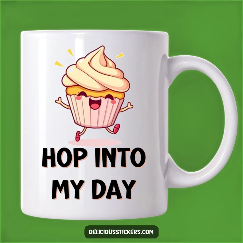 Funny Cupcake Hop Mug: Beaming Character Jumps, Sweet Gift!