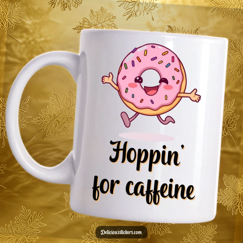 Funny donut mug character joyfully hopping with sprinkles, radiating happiness and playful energy for a delightful beverage experience.