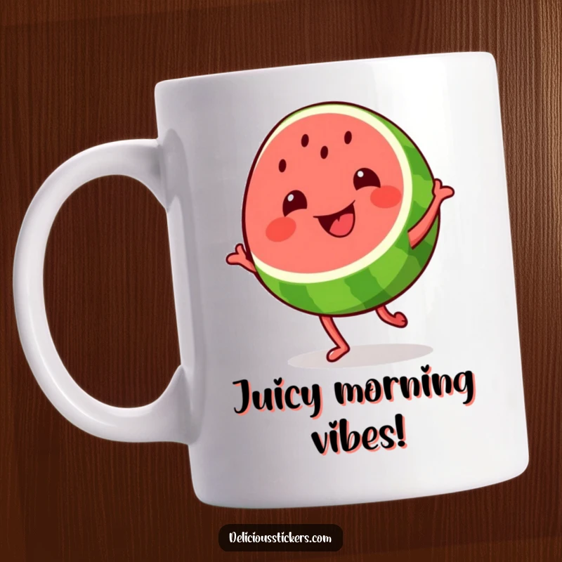 Funny grinning watermelon slice mug, the fruit is shown mid-dance with a wide smile, exuding pure summer joy.