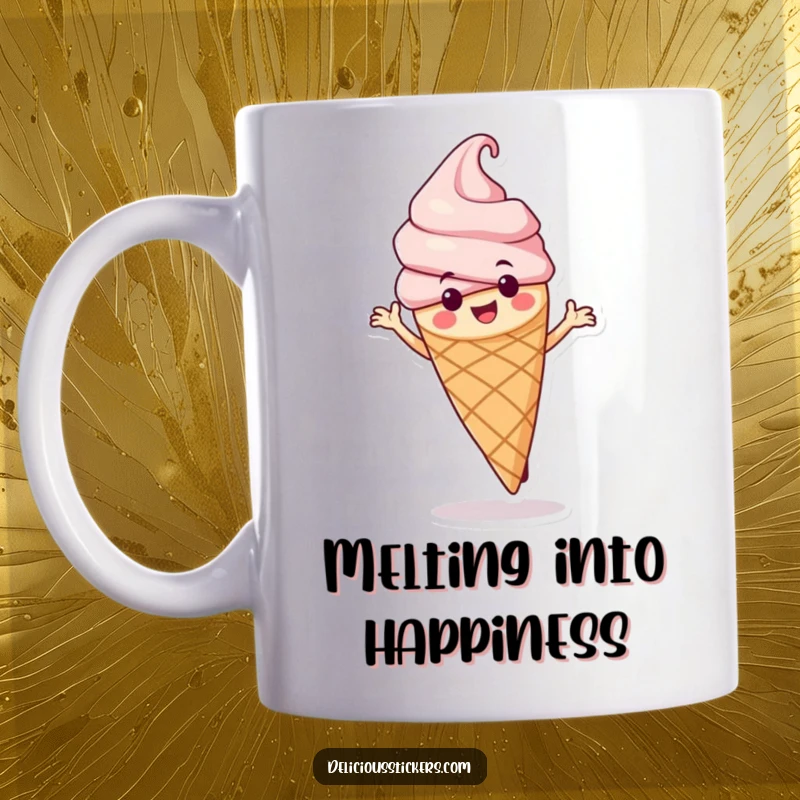 Funny ice cream cone mug character joyfully spinning, showcasing its delicious and playful personality for a laugh.