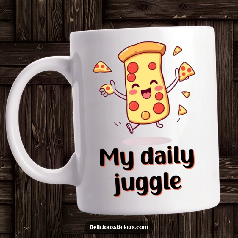 Funny mug featuring a pizza slice character playfully juggling smaller pieces of itself, embodying pure joy.