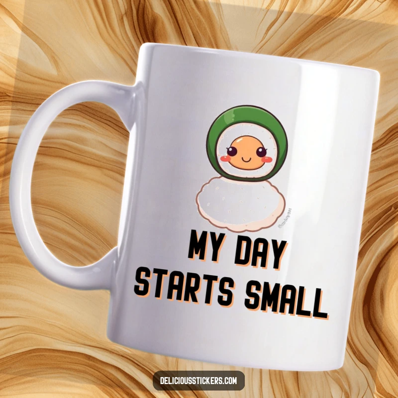 Funny mug featuring a smiling sushi roll character perfectly balanced on a single grain of rice, exuding calm and humor.