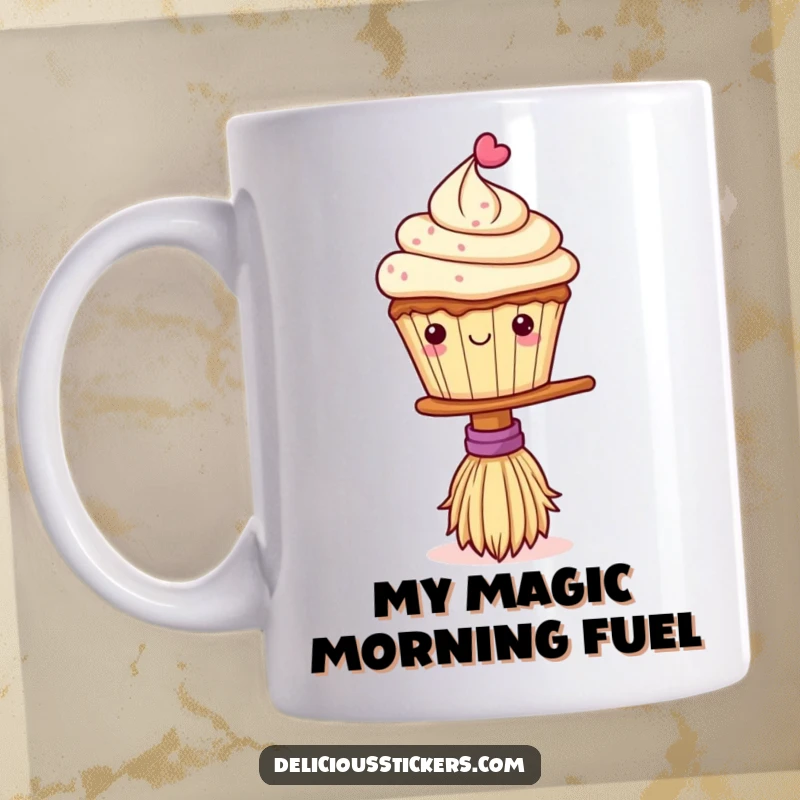 Funny mug featuring a cute cupcake precariously balancing on a small witch's broom, embodying playful magic and sweet charm.