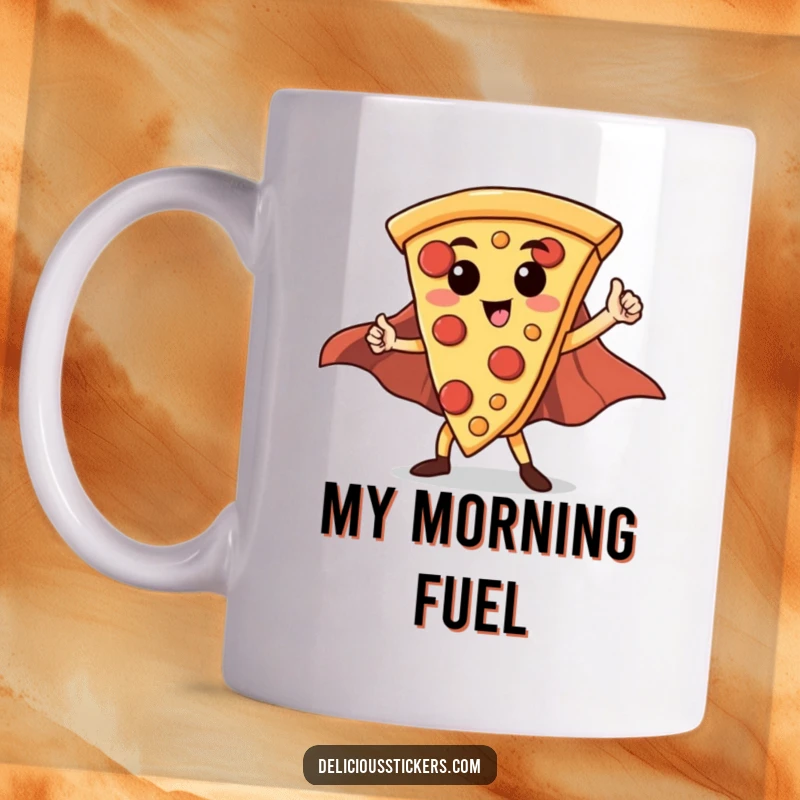Funny Hero Pizza Slice Mug: A triumphant pizza slice with a red cape strikes a heroic pose, ready for adventure.
