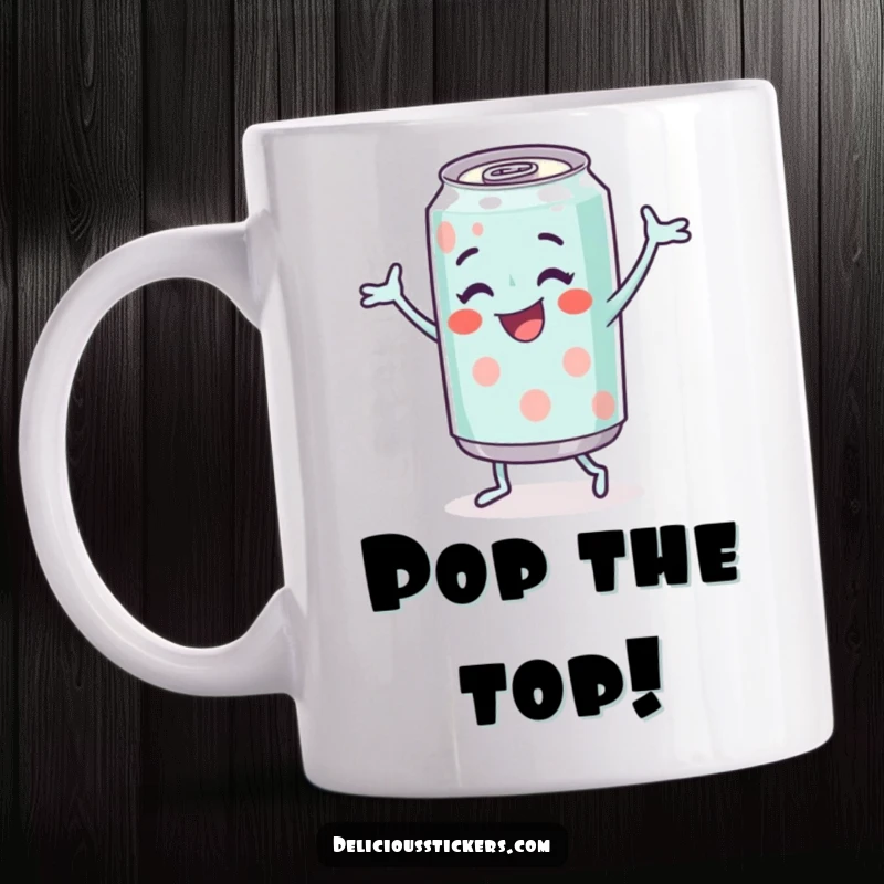 Funny Soda Can Mug featuring a cheerful soda can character joyfully doing a happy dance, full of zest.