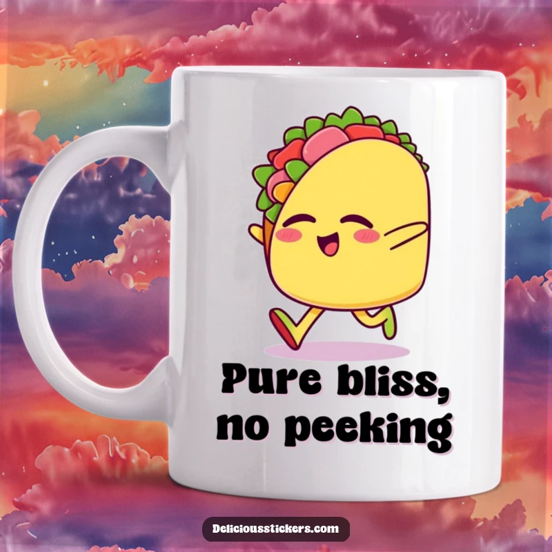 Funny mug featuring a happy taco character joyfully skipping sideways with eyes closed, radiating pure, delicious happiness.