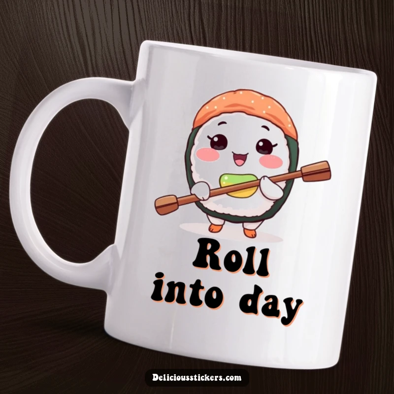 Funny sushi balance mug featuring a joyful sushi character expertly balancing a tiny paddle on its nose.