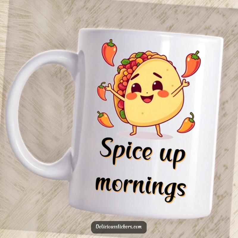 Funny Mug: A smiling taco character determinedly juggles tiny spicy peppers, showcasing its culinary dexterity with a mischievous grin.