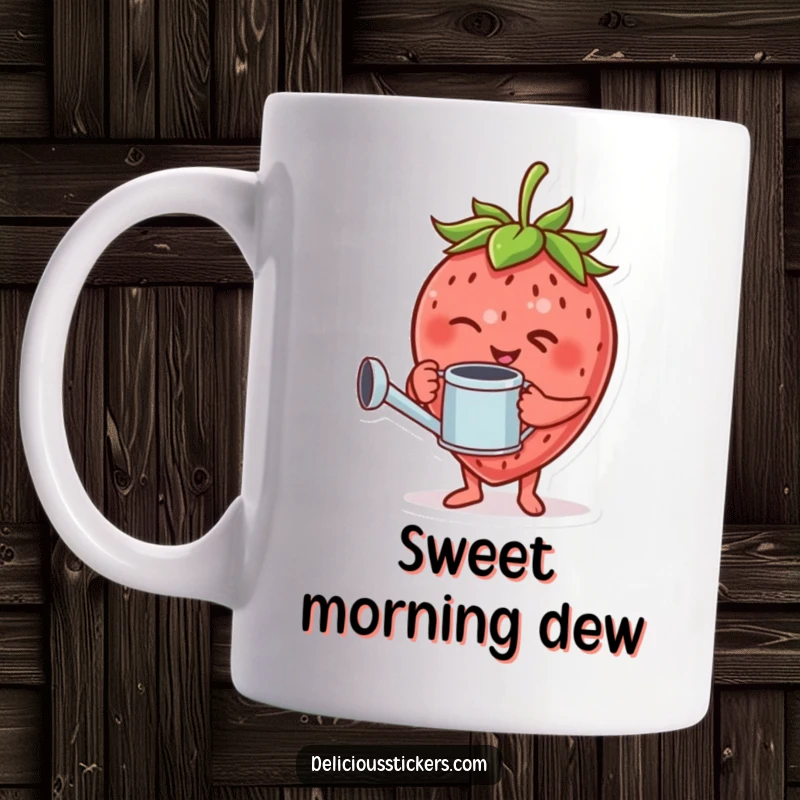 Funny mug featuring a giggling strawberry character holding a tiny watering can and giving a wink.