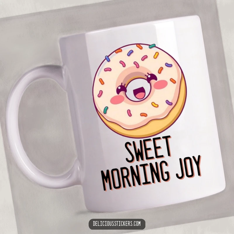 Funny Mug: A delightful donut with colorful sprinkles is joyfully bouncing with excitement, radiating pure happiness and sweetness.