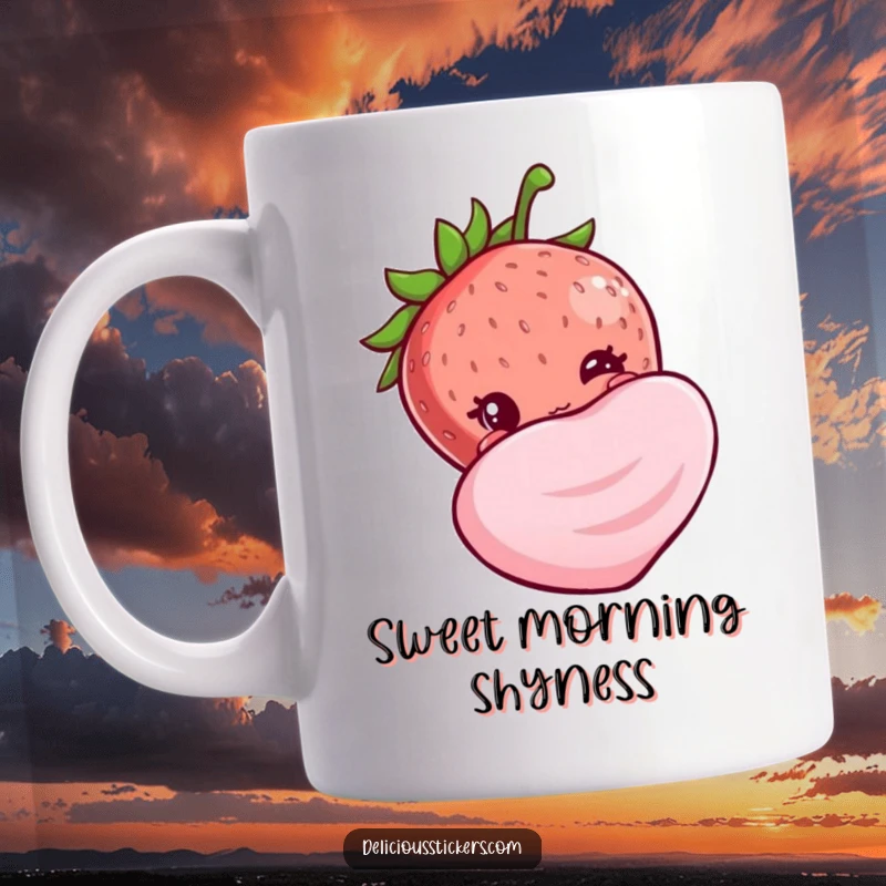Funny shy strawberry mug, peeking cautiously from behind a large, colorful candy, conveying sweet, bashful charm.