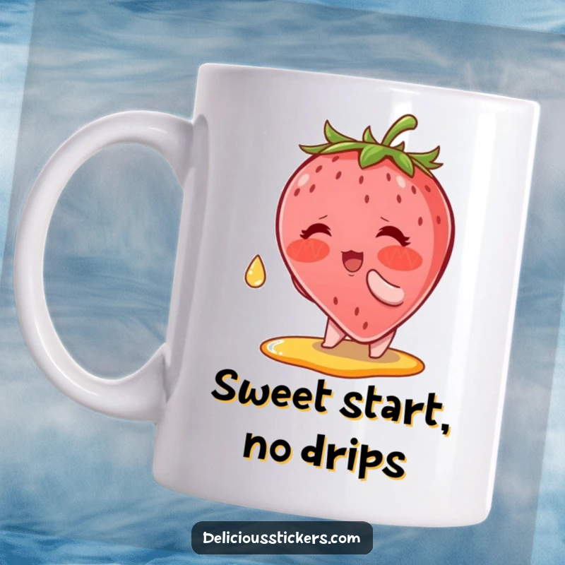 Funny Mug: A blushing strawberry character reaching for a falling syrup drop, conveying shyness and a desire for sweetness.