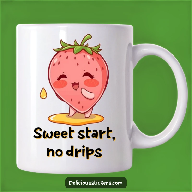 Funny Strawberry Syrup Mug: Blushing Berry Catches Drop, Sweet Gift!