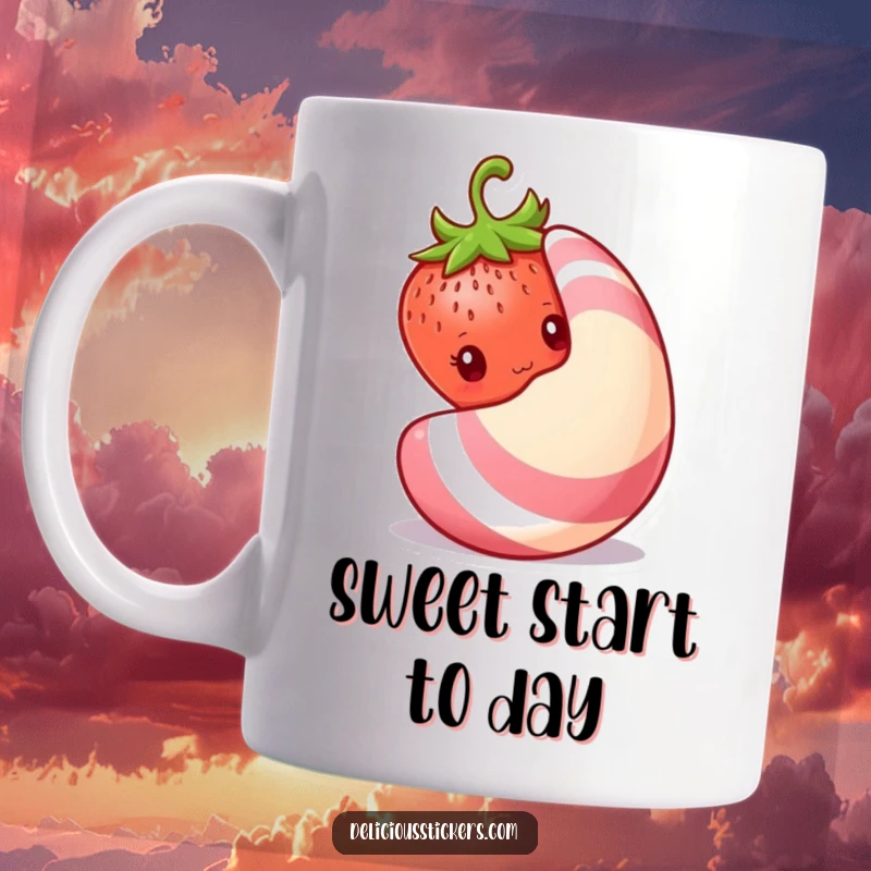 Funny shy strawberry mug, a small strawberry peeks out from behind a large piece of candy with a bashful expression.