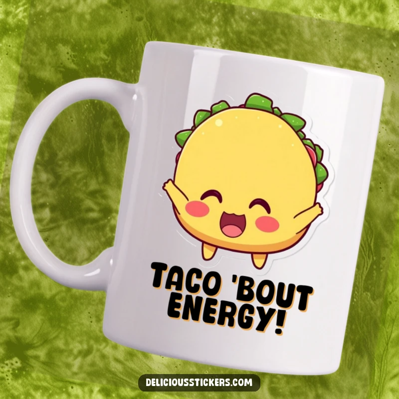Funny mug featuring an excited taco character with wide eyes, cheering enthusiastically, ready to bring fiesta vibes.