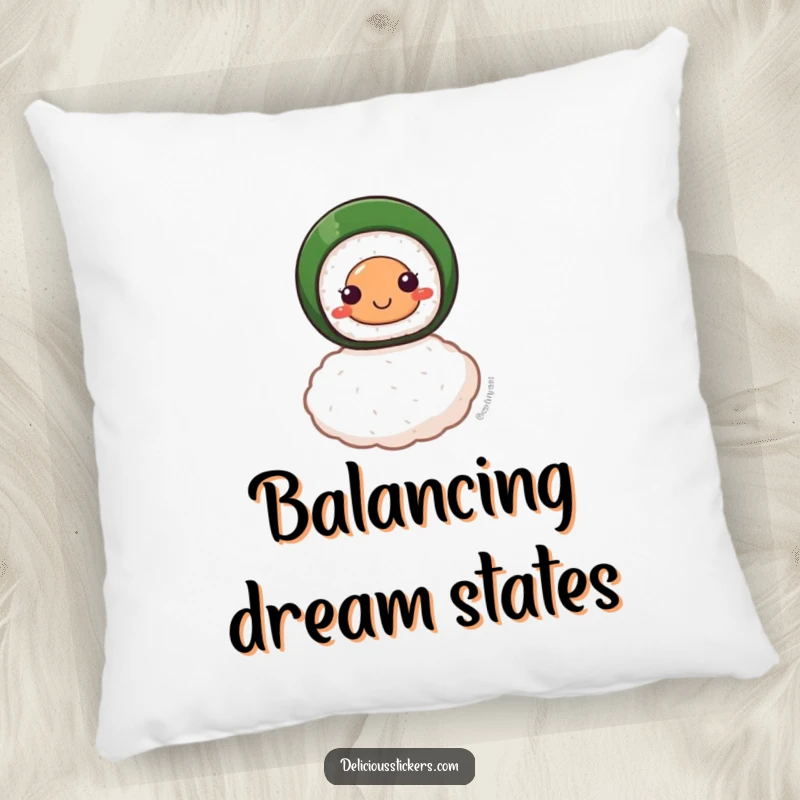 Funny pillow featuring a smiling sushi roll character balanced on a single grain of rice, designed for comfort and culinary delight.