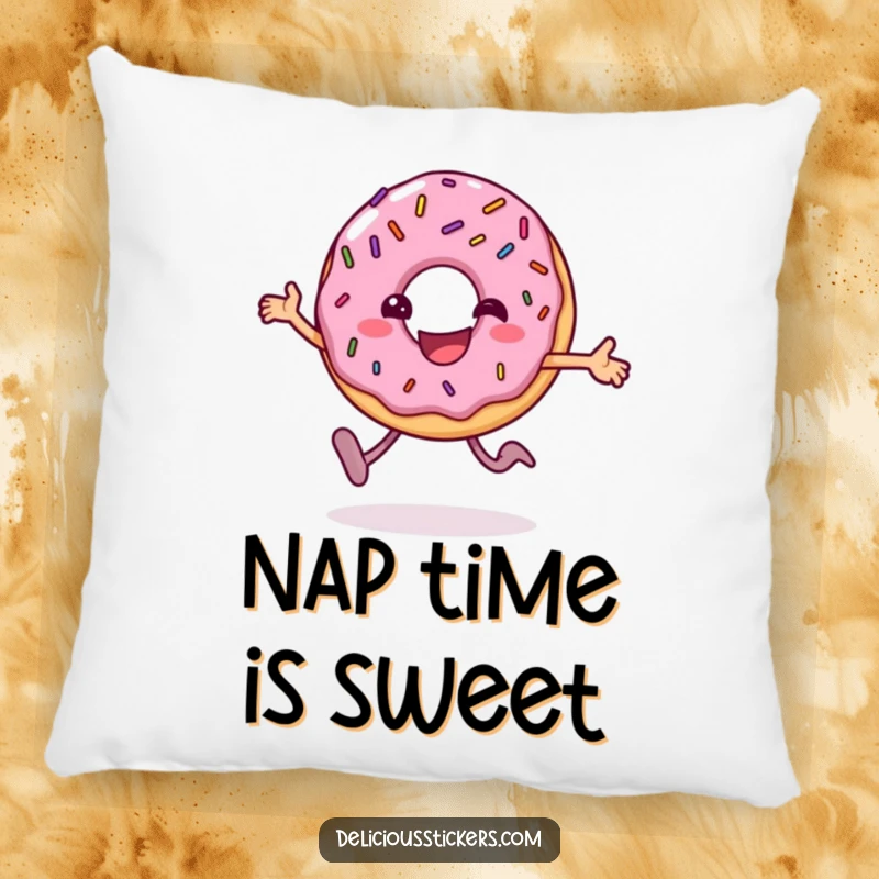 Funny donut pillow character happily hopping, providing a soft and humorous accent for sofas or beds.