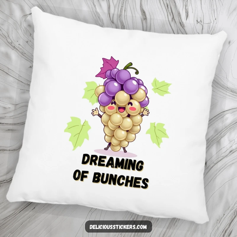 Funny grape bunch pillow character dancing playfully, providing a soft and humorous accent for sofas or beds.
