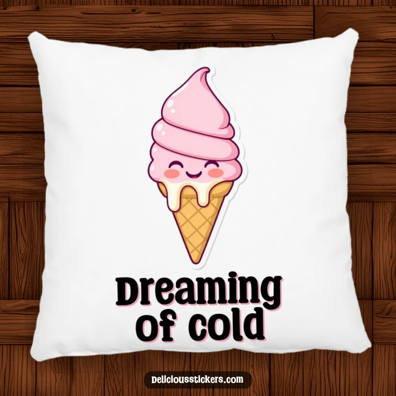 Funny melting ice cream cone pillow character in a joyful, melty pose, offering soft comfort and sweet, humorous vibes for relaxation.