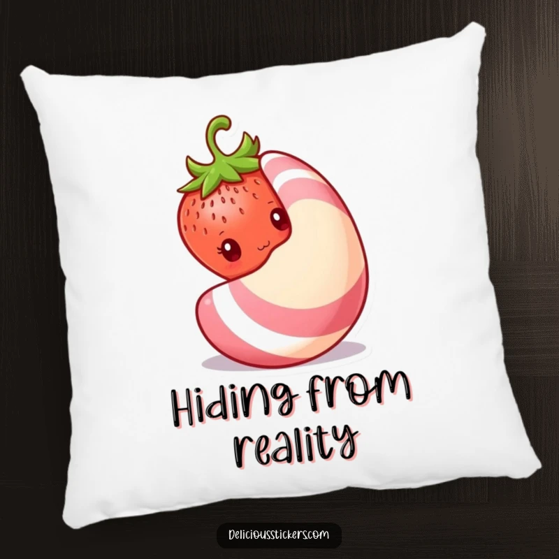 Funny shy strawberry pillow, a soft cushion featuring a strawberry peeking shyly from behind a large candy.