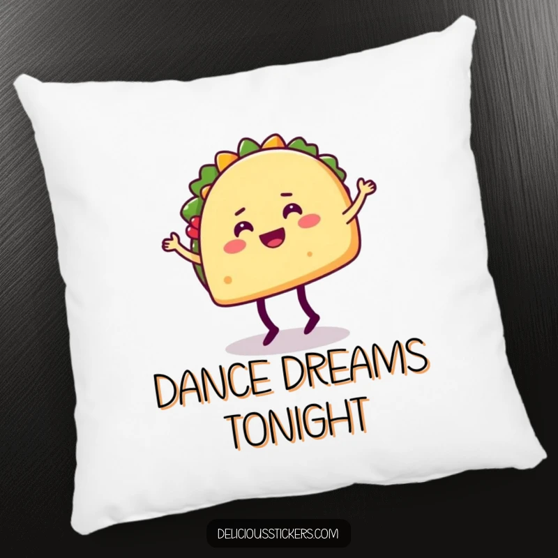 Funny pillow featuring a happy taco character doing a silly dance move with its legs, perfect for party decor.