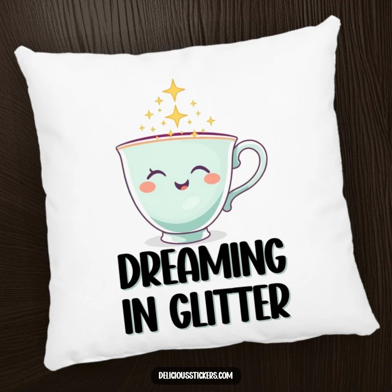 Funny Teacup Pillow featuring a winking teacup character pouring sparkles, soft and charming decor.