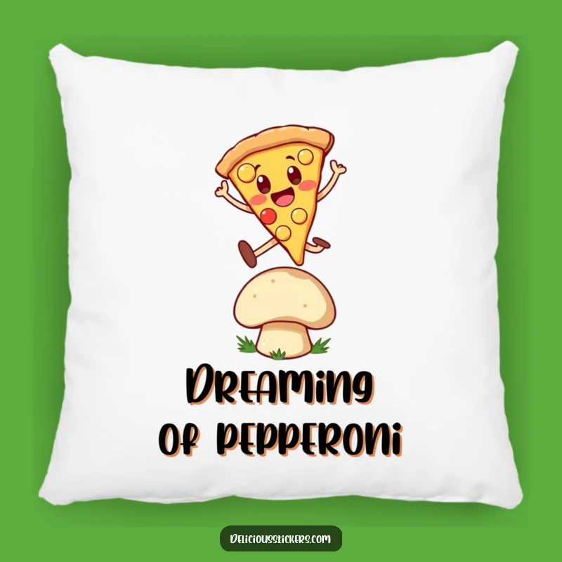Funny Pizza Leap Pillow: Cheerful Slice Jumps Over Mushroom, Comfy Gift!