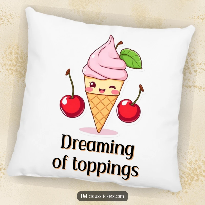 Funny ice cream cone winking and balancing cherries, this soft pillow is a humorous treat, ideal funny gift.