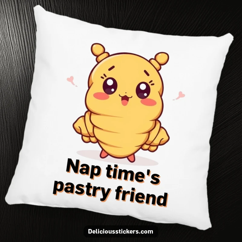 Funny croissant with waving ends on a plush pillow, a surprised and huggable decorative item.