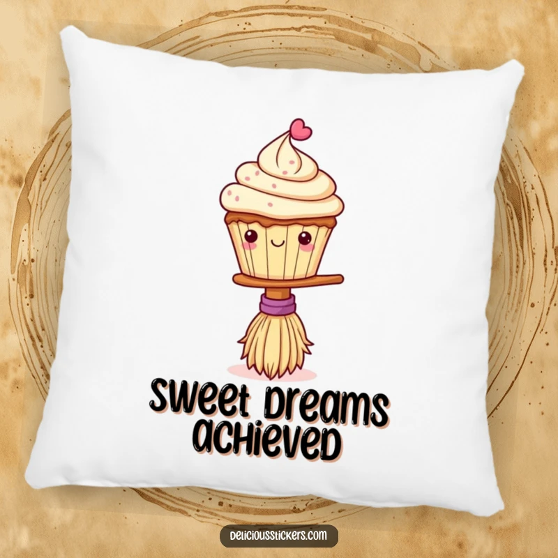 Funny pillow featuring a charming cupcake balancing on a small broom, adding a touch of whimsical humor and comfort to any room.