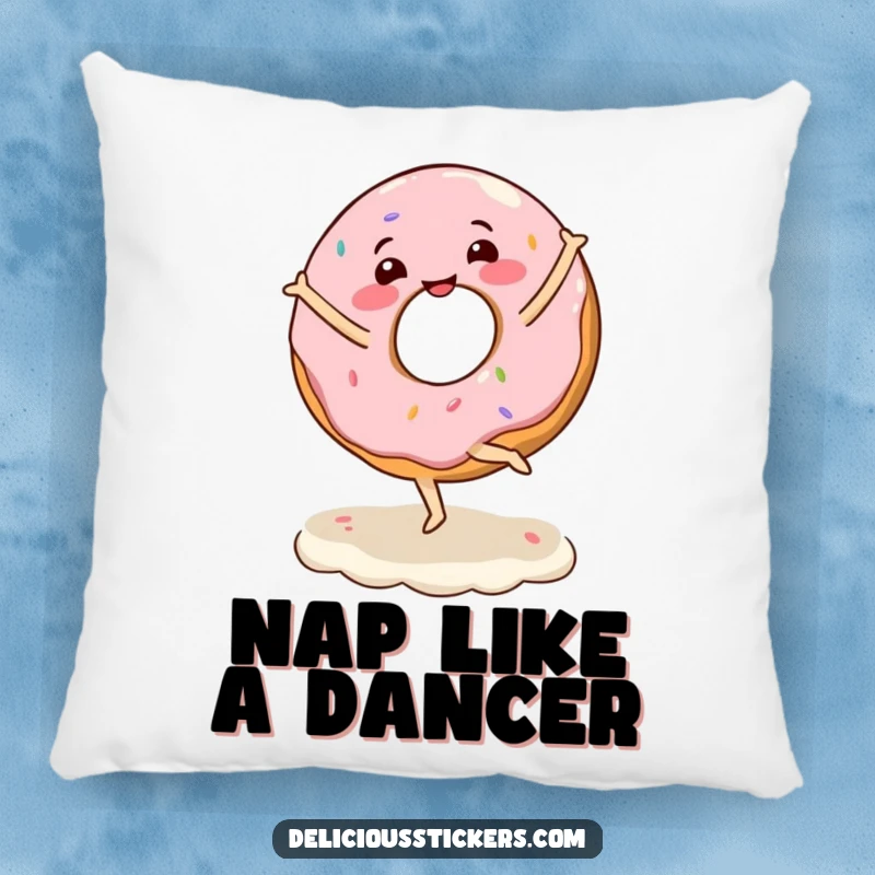 Funny pillow featuring a happy donut character doing a ballet twirl on a bed of frosting, perfect for whimsical decor.