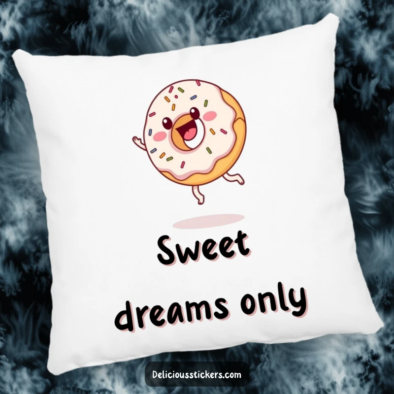 Funny donut pillow with sprinkles cartwheeling, cartoon comfort, a soft and sweet humorous item.