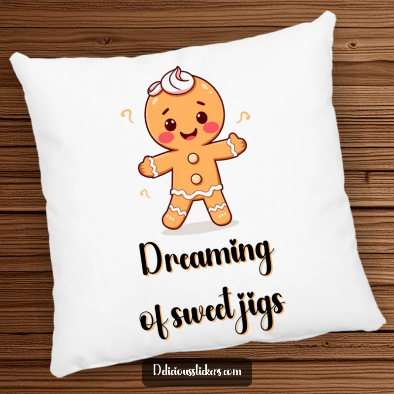 Funny gingerbread man doing a jig with frosting, this soft pillow is a humorous holiday decoration, ideal funny gift.
