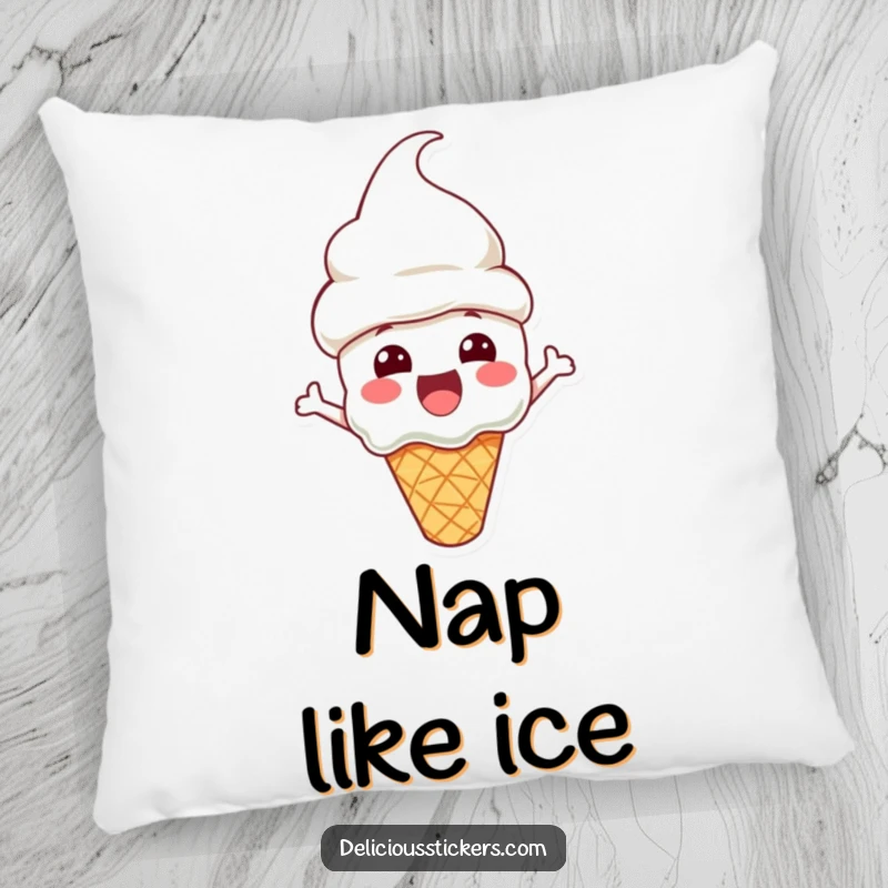 Funny Pillow with an excited ice cream cone character wearing a cone hat, offering cozy comfort and sweet charm.