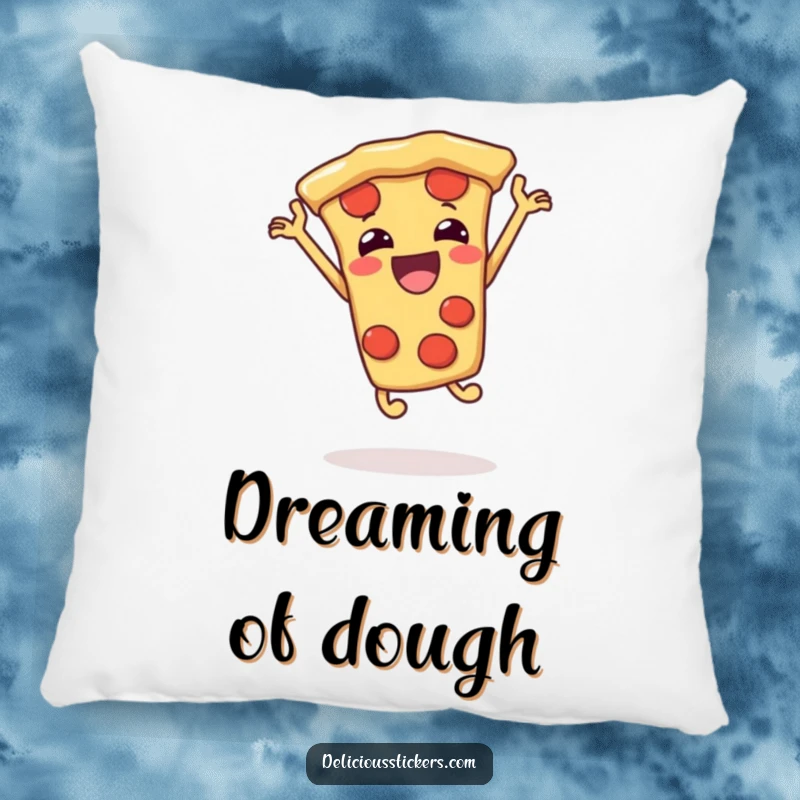 Funny pizza slice pillow jumping, cartoon comfort, a soft and humorous decorative item.