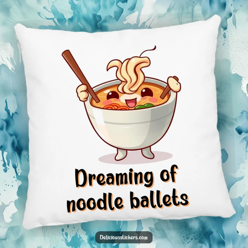 Funny throw pillow with a happy ramen bowl character expertly waving chopsticks like dazzling batons, perfect for livening up any seating area.