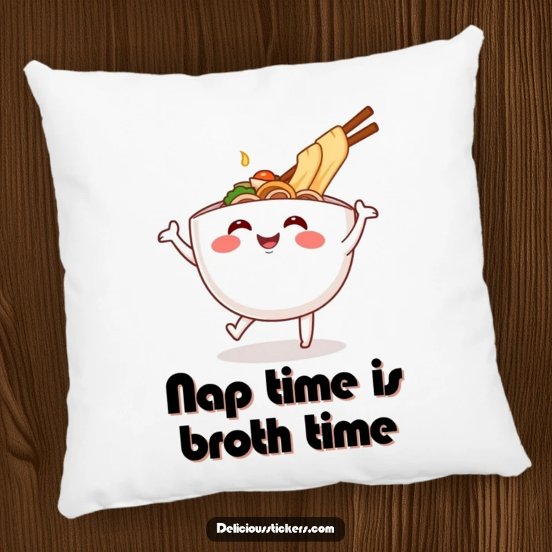 Funny ramen bowl dance pillow, soft cartoon noodles celebrating, a comfortable and humorous home decor gift.