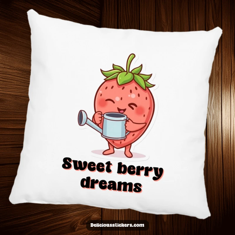 Funny pillow with a giggling strawberry character holding a tiny watering can and winking.