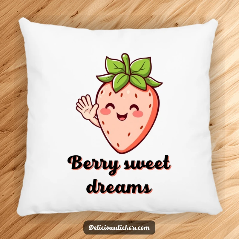 Funny pillow featuring a happy strawberry character with leafy hair, giving a soft and humorous wave for maximum comfort.