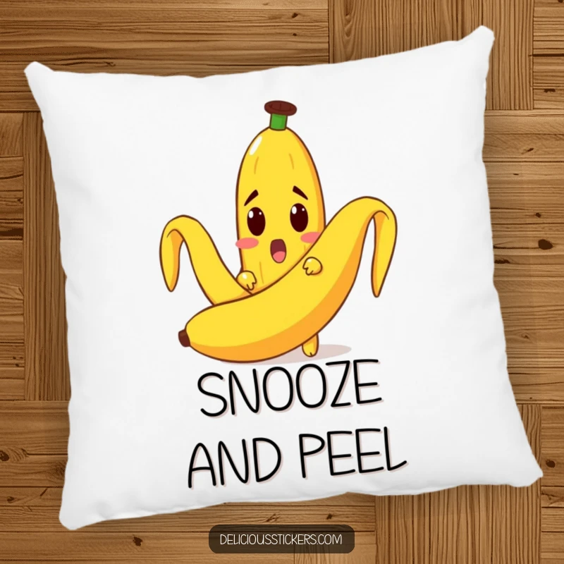 Funny pillow depicting a surprised banana character peeking out from a peel, perfect for adding whimsical comfort.