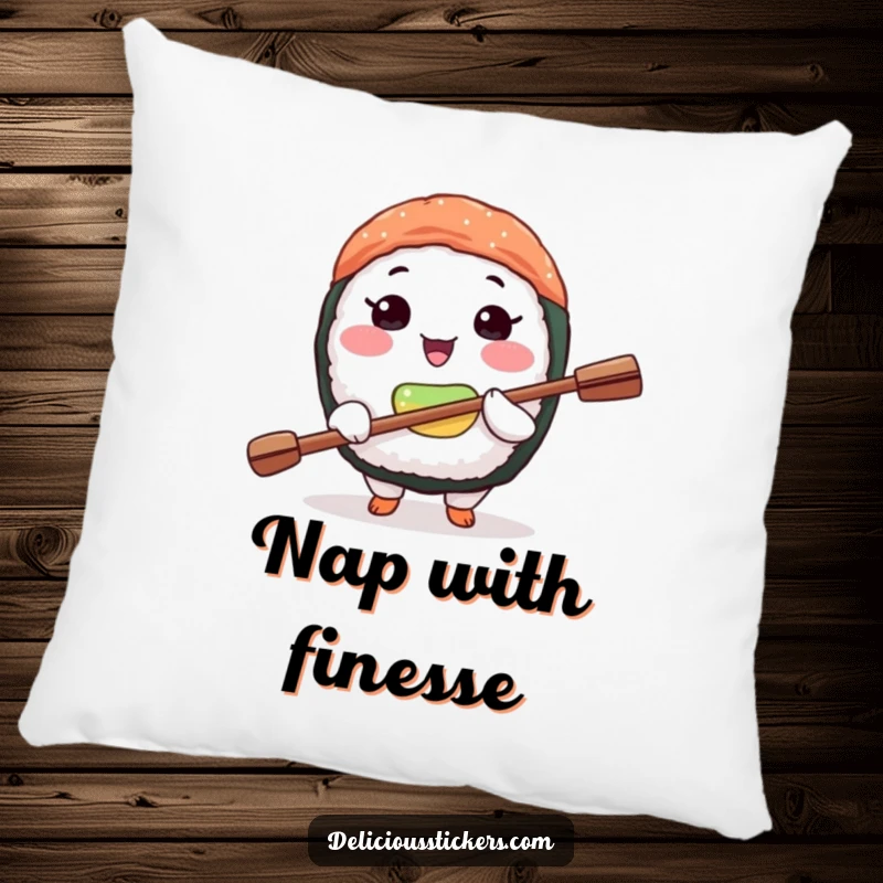 Funny sushi zen pillow featuring a joyful sushi character balancing a tiny paddle on its nose, perfect for comfort.