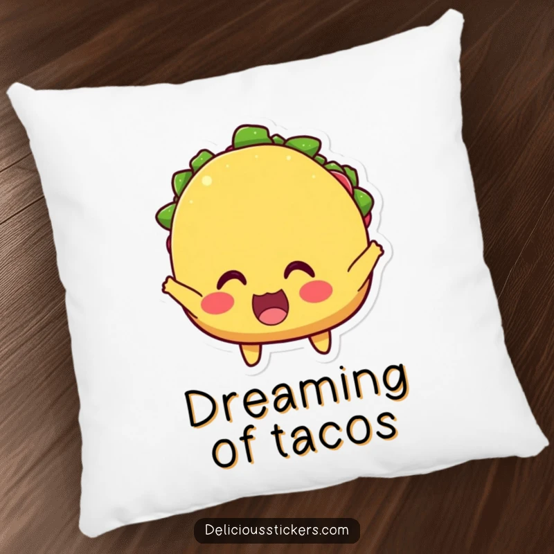 Funny pillow featuring a happy taco character with wide eyes, cheering loudly, offering cuddly humor and a festive touch.
