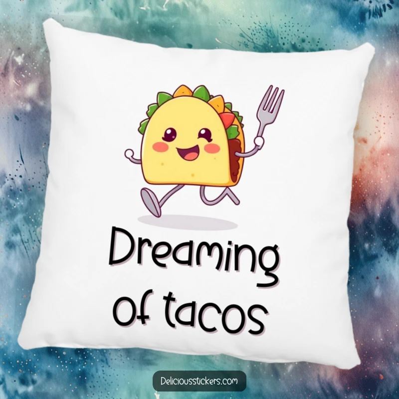 Funny pillow with a happy taco character with legs, fork, and spoon, running at top speed.