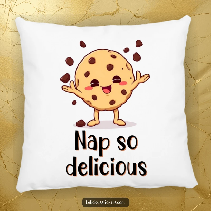Funny mischievous cookie character juggling chocolate chips on a pillow, offering cozy comfort and playful, snack-themed charm.