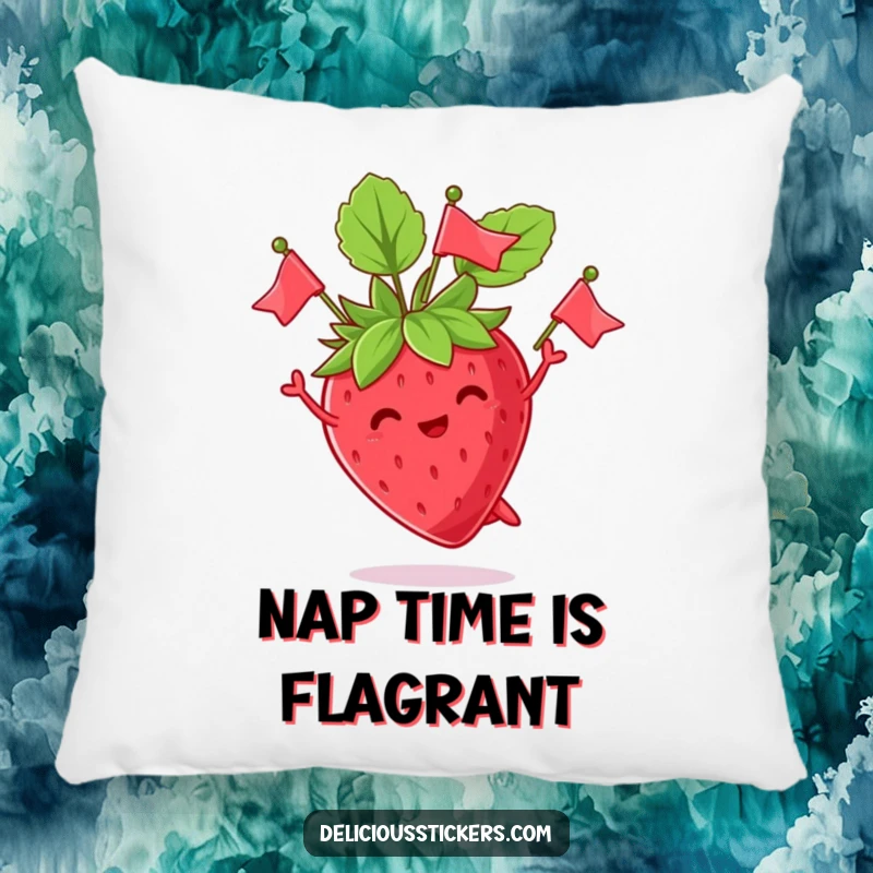 Funny pillow featuring a cute strawberry character juggling its leaves like tiny flags, offering soft comfort and a touch of whimsical humor.