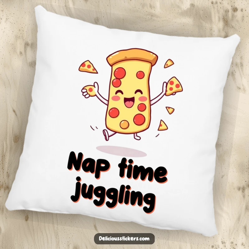 Funny pillow with a pizza slice character juggling itself, providing comfort and a touch of culinary humor.